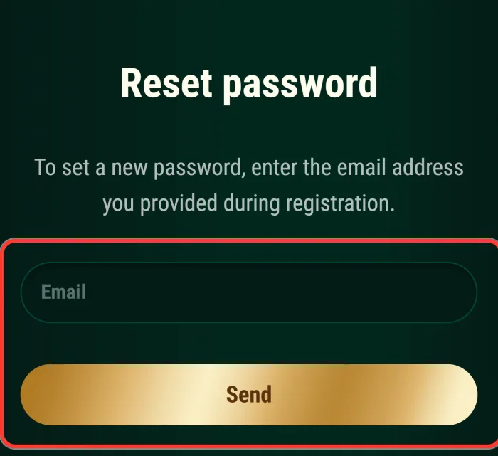 Reset password screen asking for the registration email
