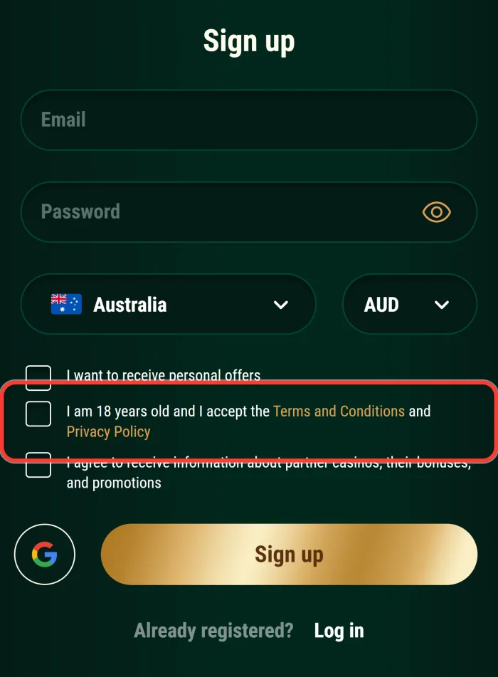 Required box confirming age 18 and accepting the terms