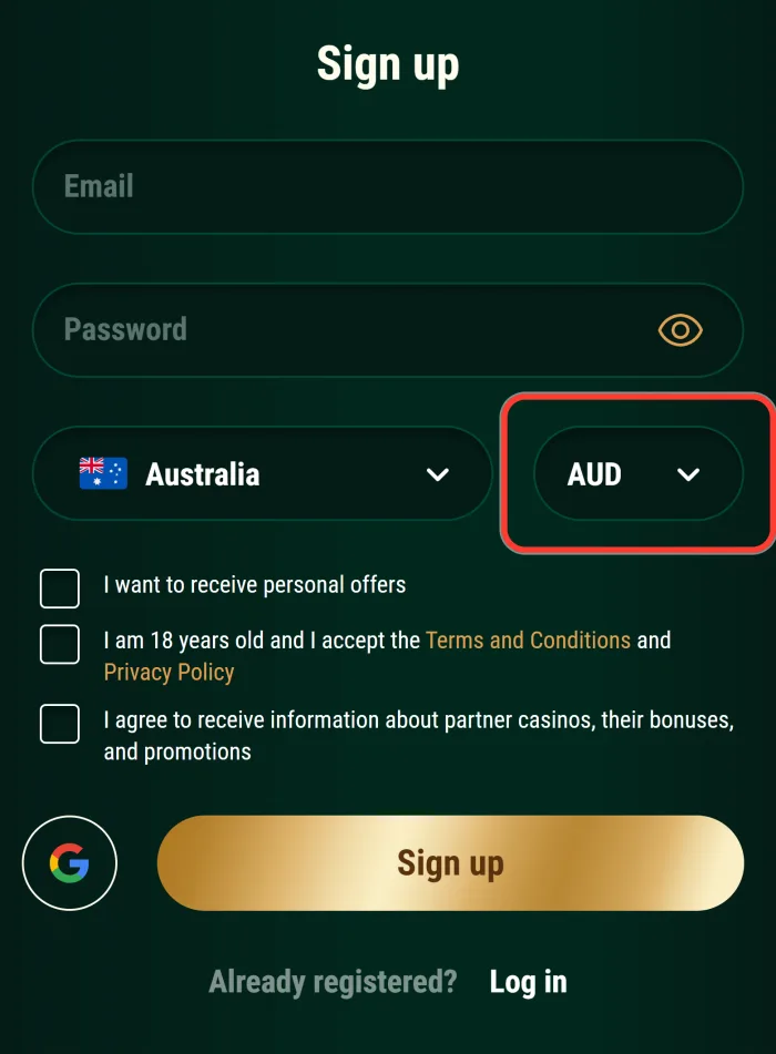 AUD selected as the account currency at sign up
