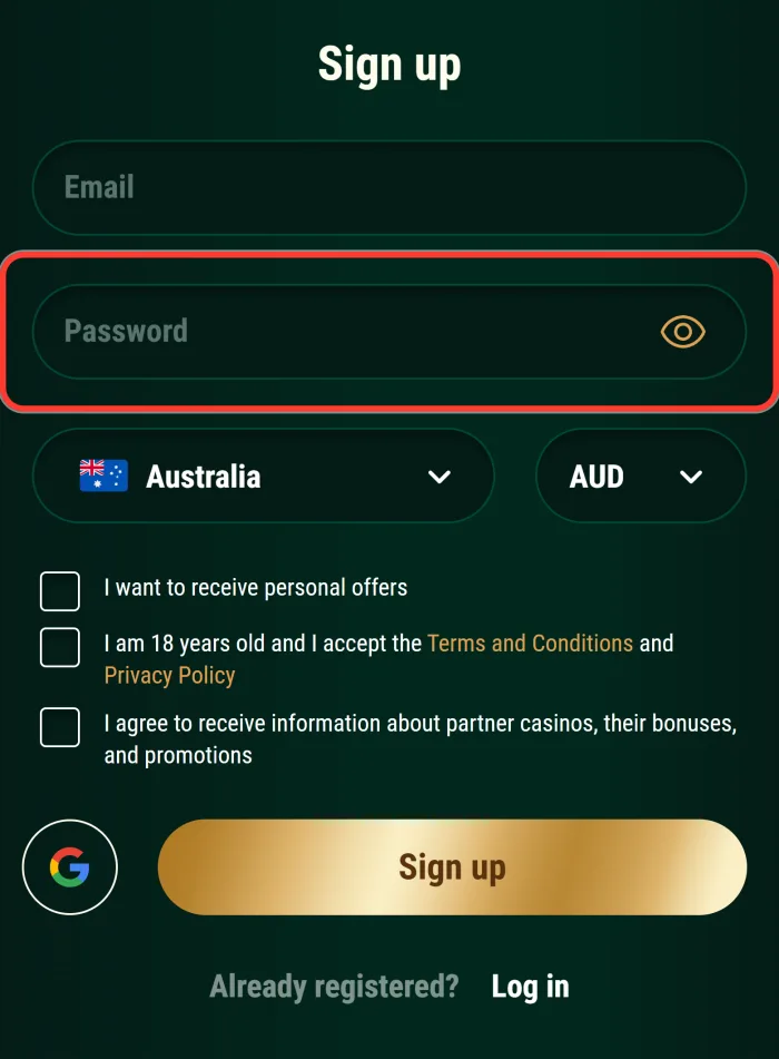 Password field with the show password icon in the sign up form