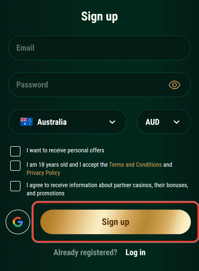 Sign up button that creates a Richard Casino account